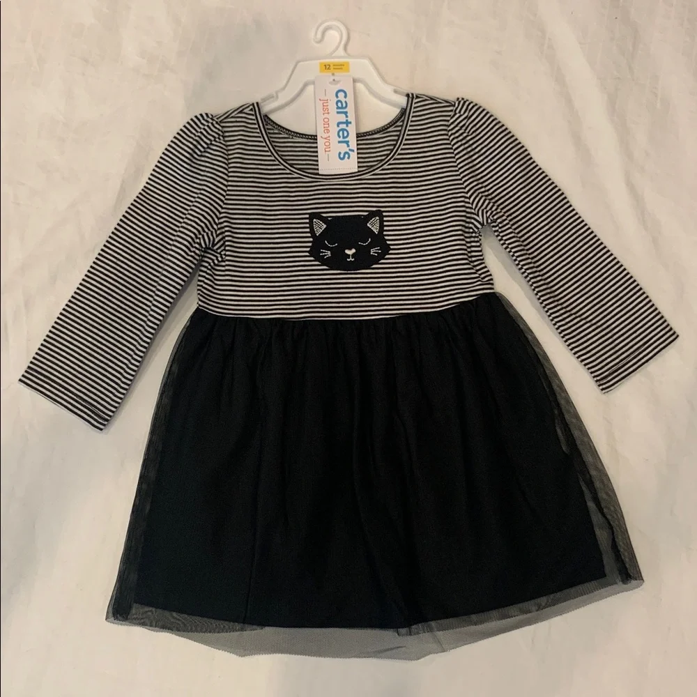 🖤 NWT Striped Cat Dress w/ Tulle Skirt & Diaper Cover - Carter’s - 12M 🖤